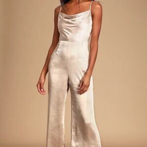Lulus Champagne Satin Cowl Neck Culotte Jumpsuit